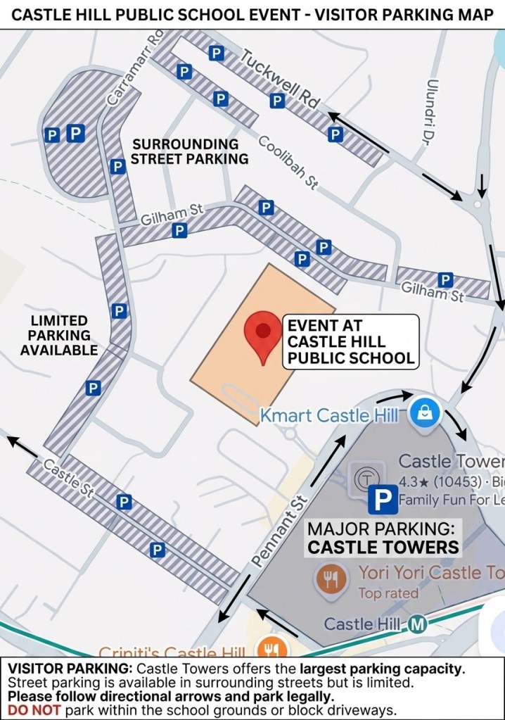 Visitor parking map for Durga Utsav 2026 at Castle Hill Public School, showing major parking at Castle Towers and limited street parking nearby